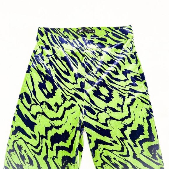 Zara Retro Swirl Split Hem Printed Jegging Wide Leg Green Blue Size Small - Picture 2 of 9